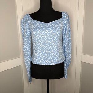 Y2k Daisy Street Floral Puff Sleeve Top Womens Small Blue White Daisy Print